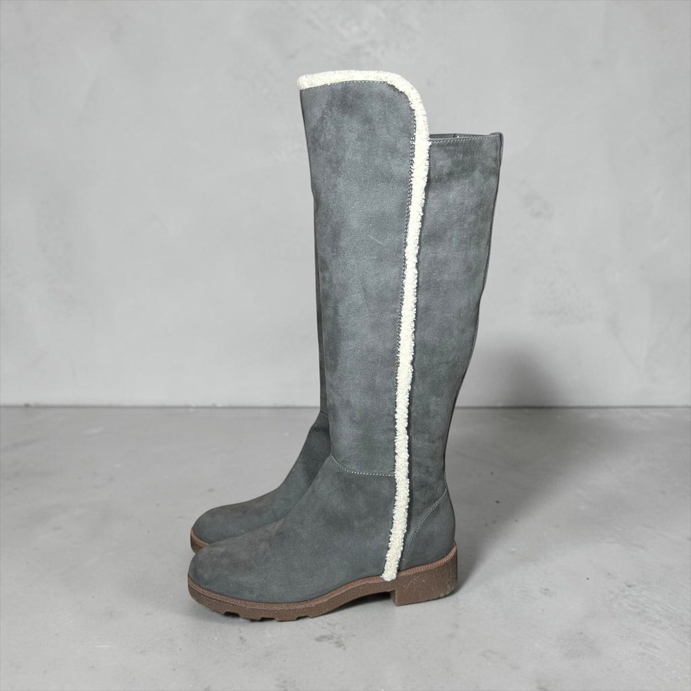 Dr Scholls Gray Faux Suede Knee High Boots Faux Shearling Trim Side Zip Lug Sz 8
